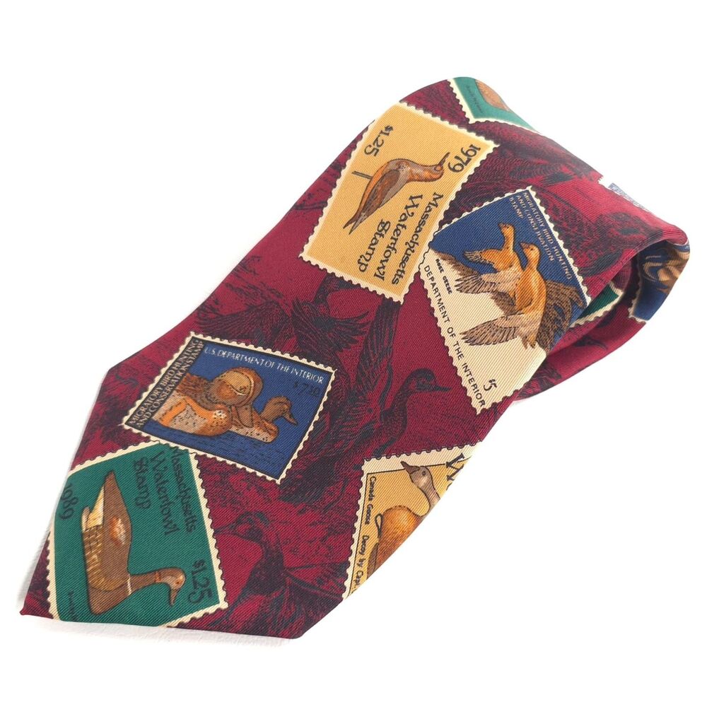 EDDIE BAUER Men's Silk‎ Tie Ducks ITALY HAND PRINTED Vintage USA MADE Hand Sewn